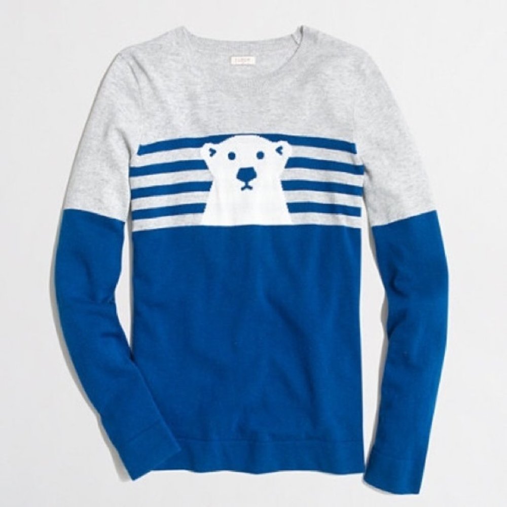J. Crew Intarsia Polar Bear Wool Blend Striped Blue Pullover Sweater E4916